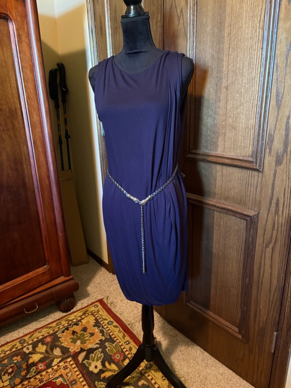 Vince Navy Sleeveless Draped Mini Dress with Chain Belt